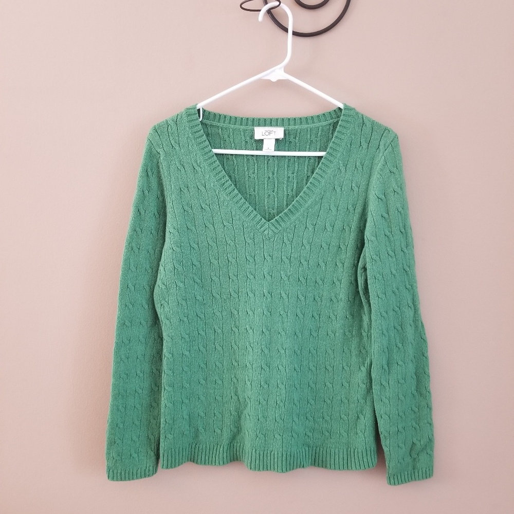 Ann Taylor LOFT Green V-Neck Cable Sweater